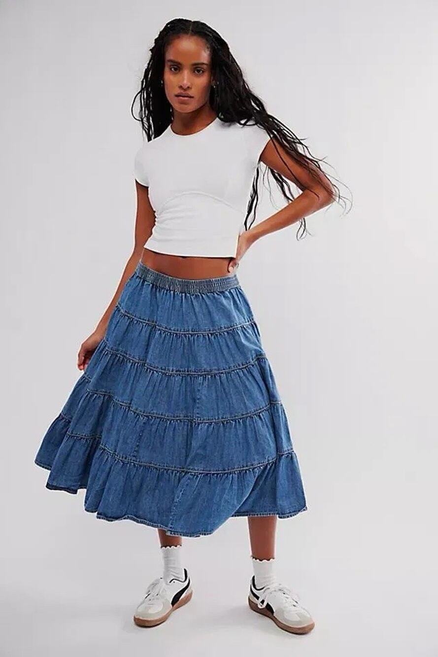 Free People In Full Swing Chambray Midi Skirt Pockets Blue Tiered Pull On XL